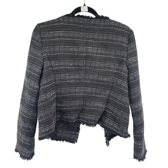 Adrienne Vittadini Women’s Medium Black White Open Front Tweed Fringe Blazer - Picture 2 of 14